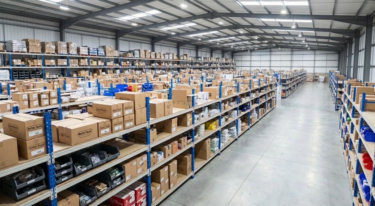 Industrial longspan shelving stocked with boxes and parts