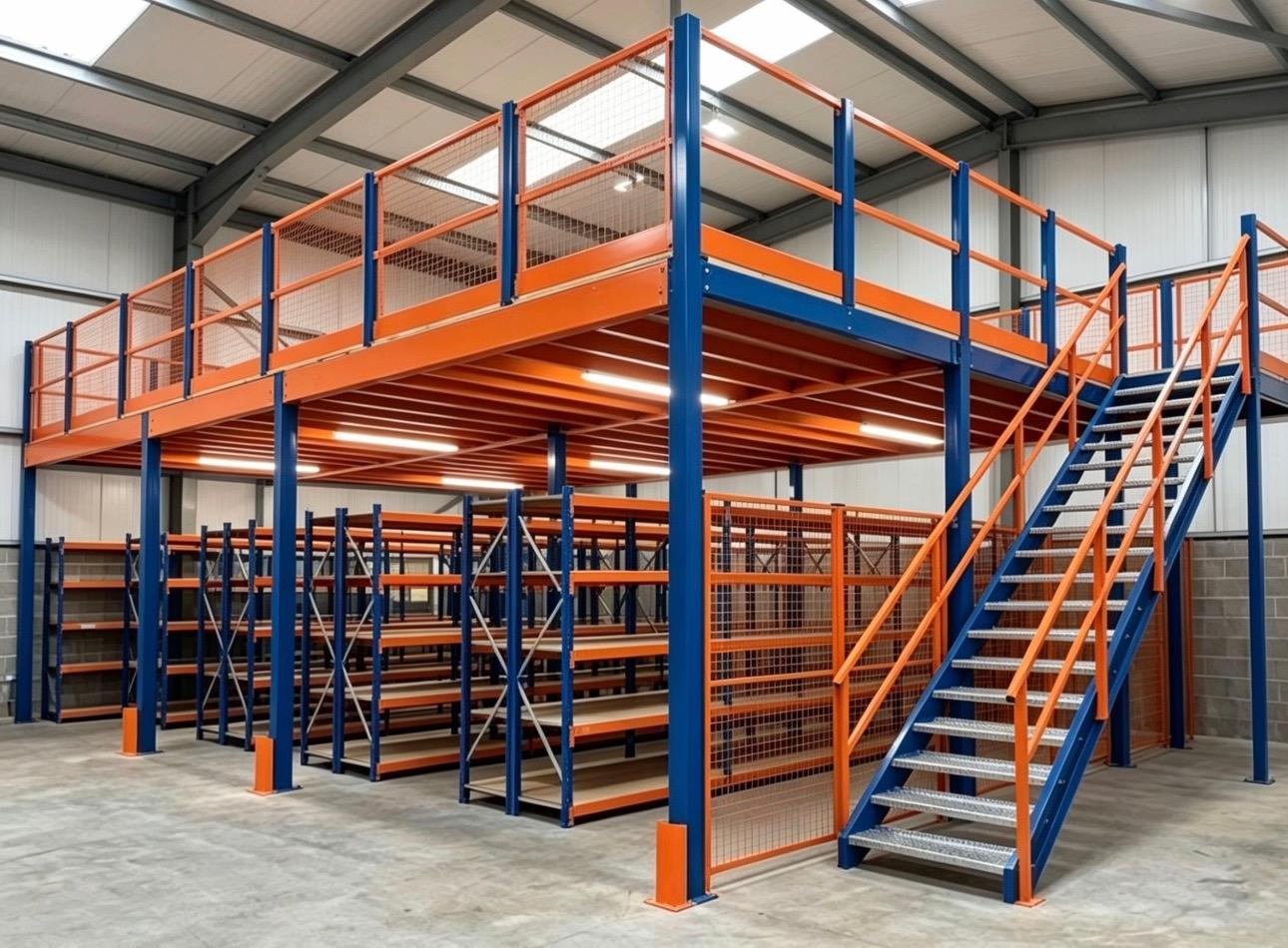 iRack360 mezzanine floor installation with staircase and shelving below